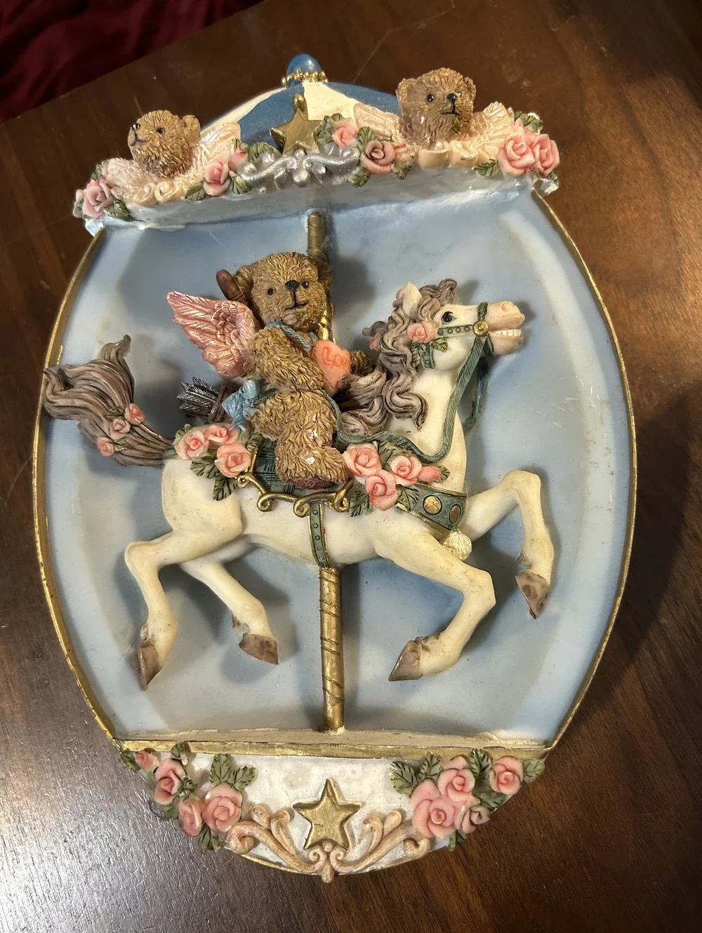 Alabaster Art Sculptures Collector's Edition Bear on Carousel Horse Wall Hanging